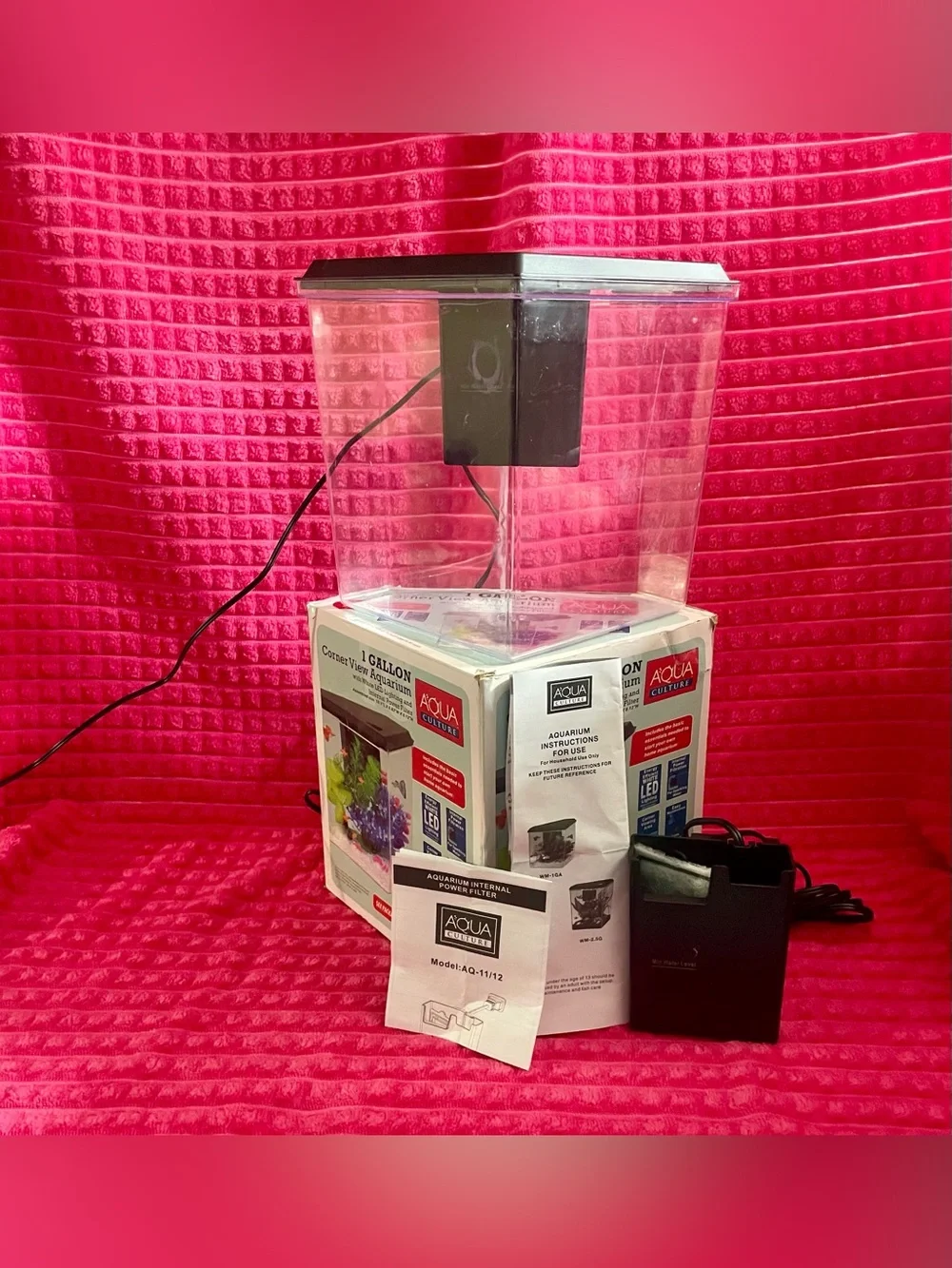 1 Gallon Corner View Aquarium with White LED Lighting and Internal Power Filter